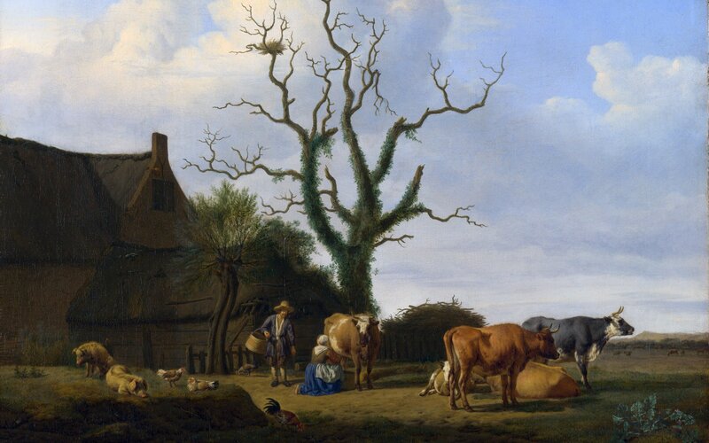 Farm scene with cows and farmer