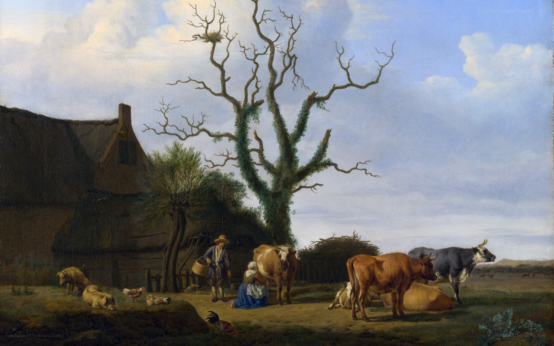 Farm scene with cows and farmer