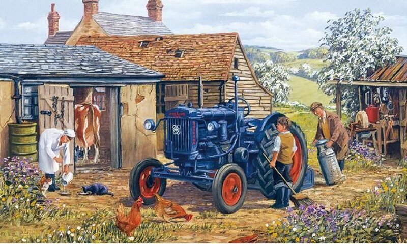 Farm Scene with Tractor — Blue