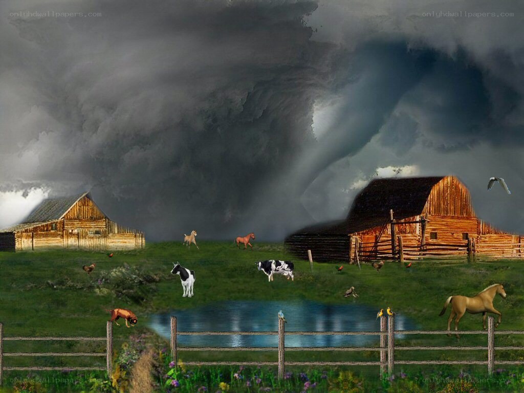 Farm under stormy sky
