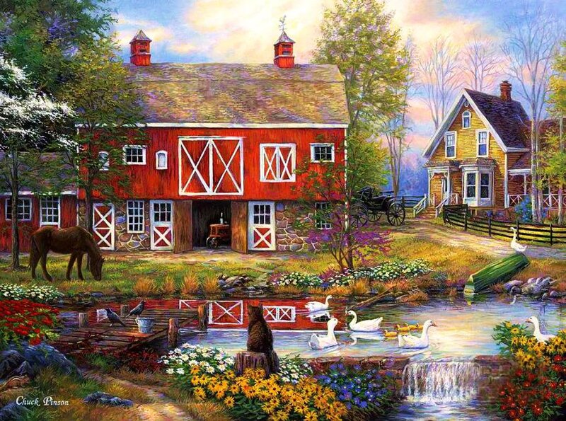 Farm with Barn and Pond — Red