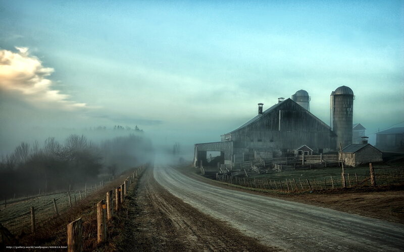 Farm with Barn and Silos — Blue, Misty