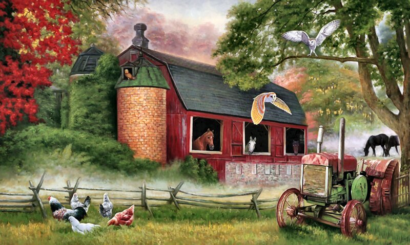 Farm with Barn and Tractor — Red, Serene