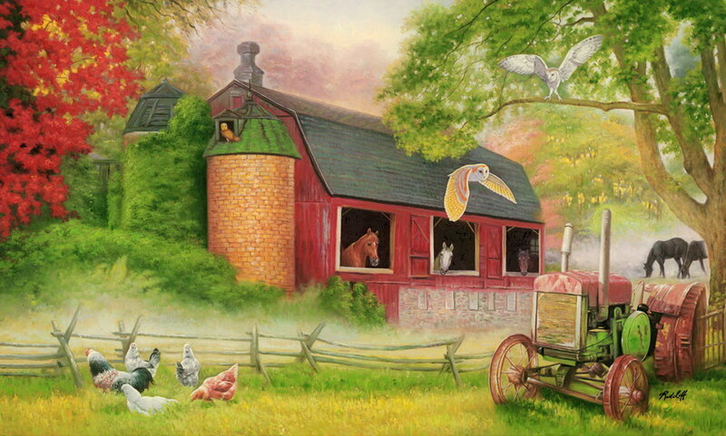 Farm with Barn and Tractor — Red