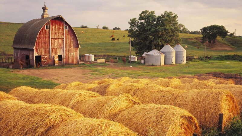 Farm with hay bales and barn