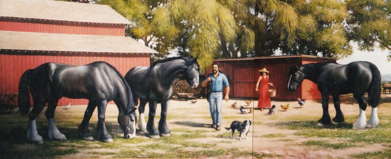 Farm with horses and people