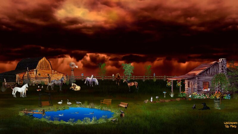 Farm with Horses and Pond