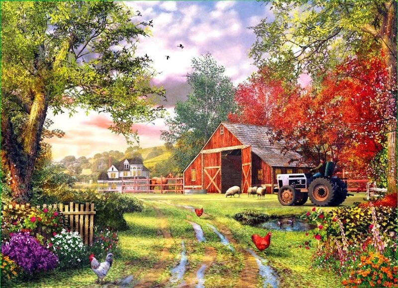 Farm with Red Barn — Green, Serene