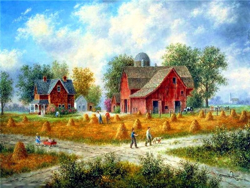Farm with Red Barn — Peaceful, Afternoon, Painting