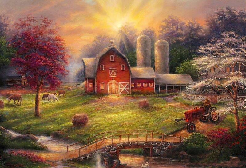 Farm with Red Barn — Serene, Sunset