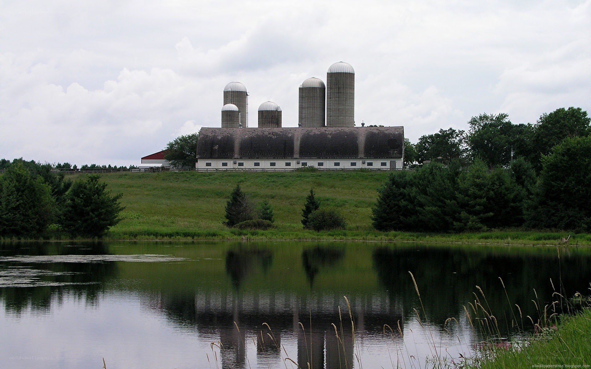 Farm with silos and pond