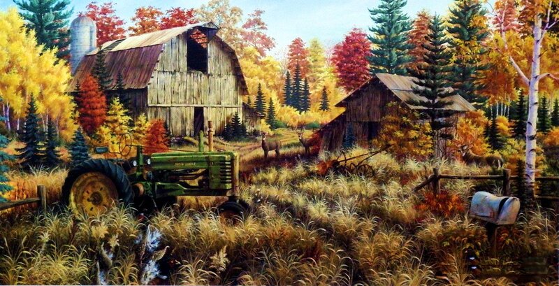 Farm with Tractor and Deer