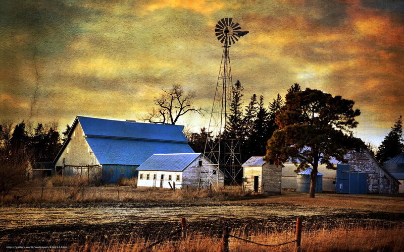 Farm with Windmill — Blue, Dramatic, Sunset, Photograph