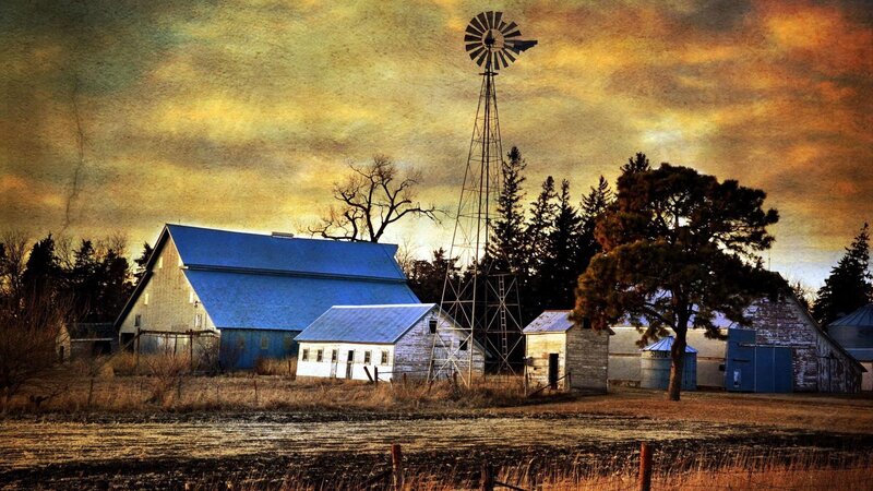 Farm with Windmill — Blue, Dramatic, Sunset