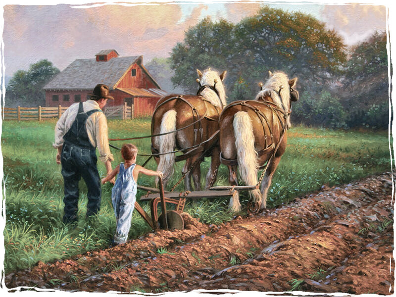 Farmer and Boy Plowing Field