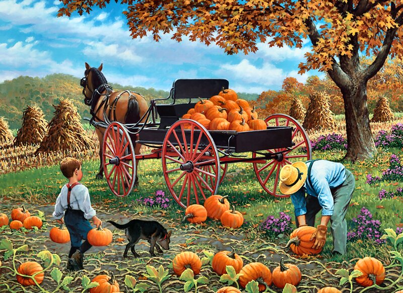 Farmer and Boy with Pumpkins