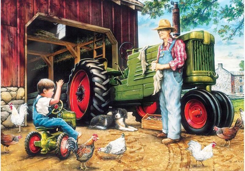 Farmer and Child on Farm — Green