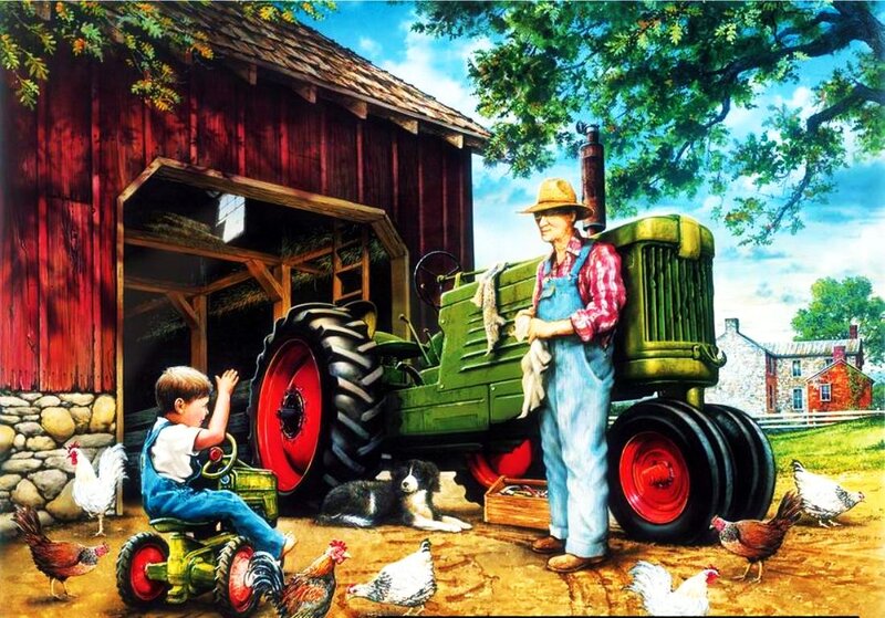 Farmer and Child on Farm — Red