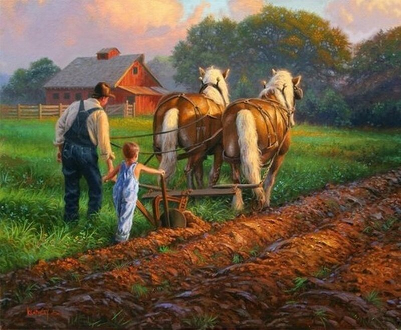 Farmer and Child Plowing — Green