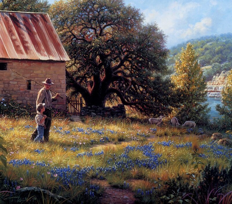 Farmer and child with fishing rods