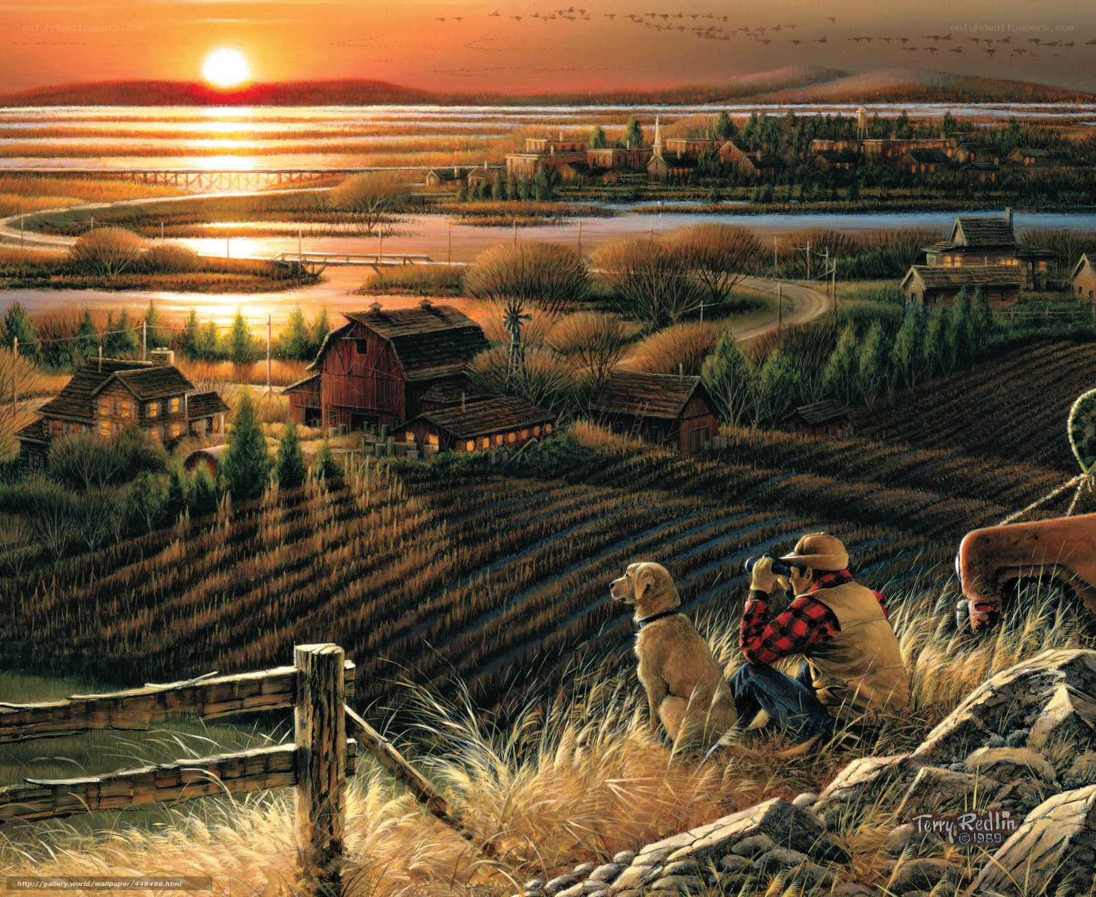 Farmer and dog at sunset
