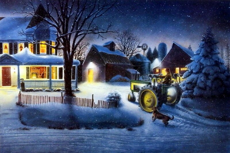 Farmer on Tractor — Blue, Serene, Night