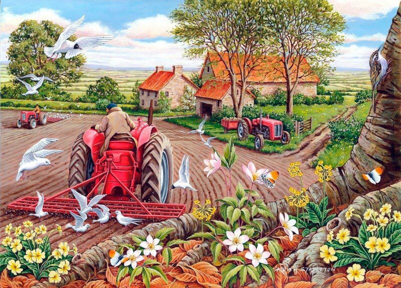 Farmer on Tractor — Red, Serene, Afternoon