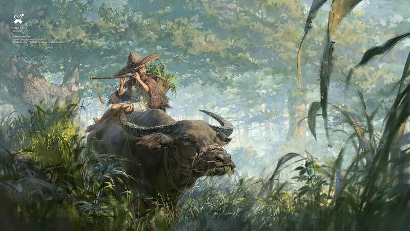 Farmer on Water Buffalo — Green