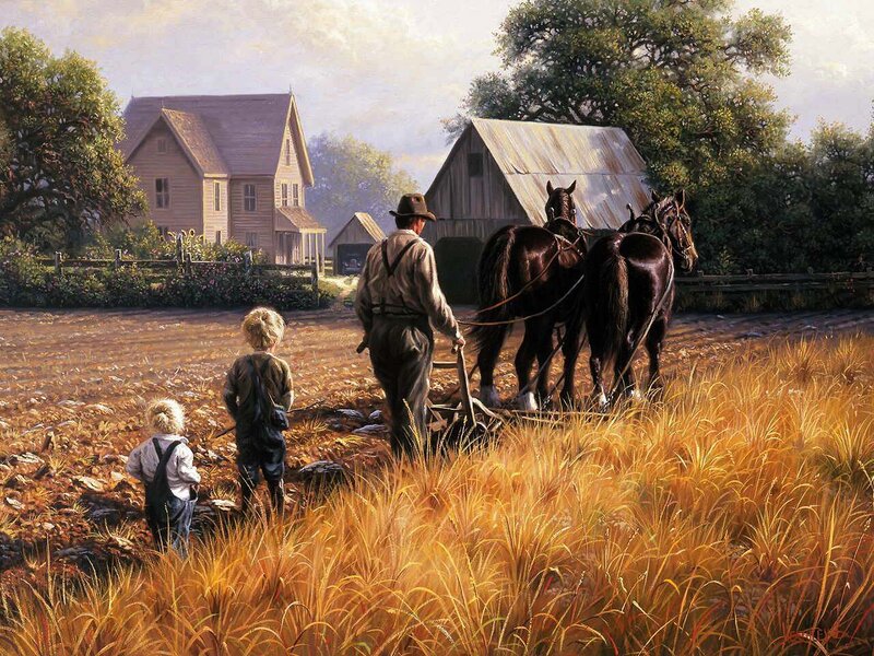 Farmer plowing with horses