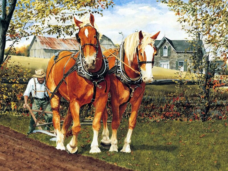 Farmer Plowing with Horses — Green
