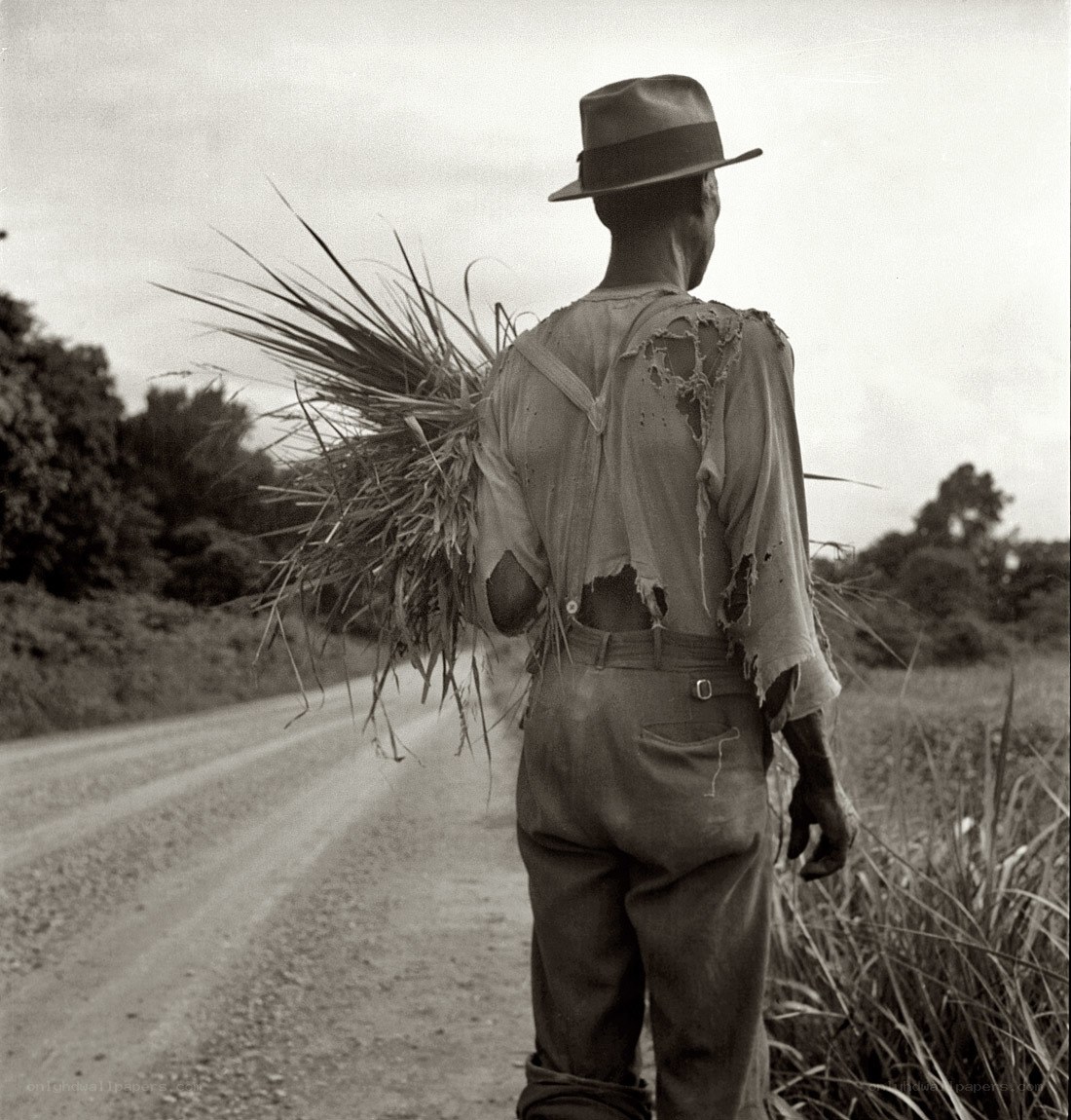 Farmer walking with bundle