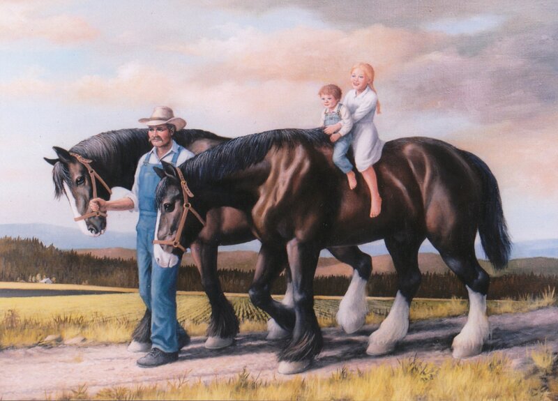 Farmer with children and horses