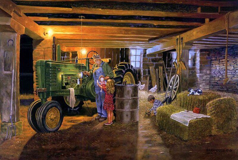 Farmer with Children in Barn — Green