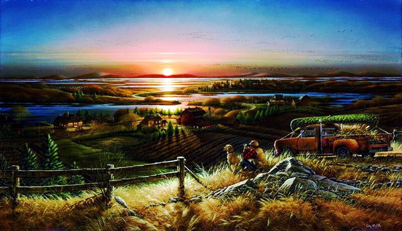 Farmer with Dog at Sunset