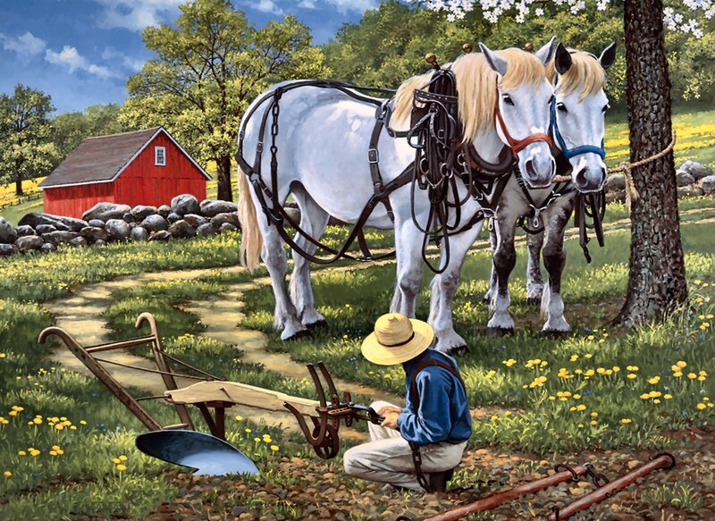 Farmer with Horses — Green, Peaceful