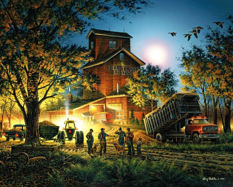 Farmers at Grain Elevator — Brown, Peaceful