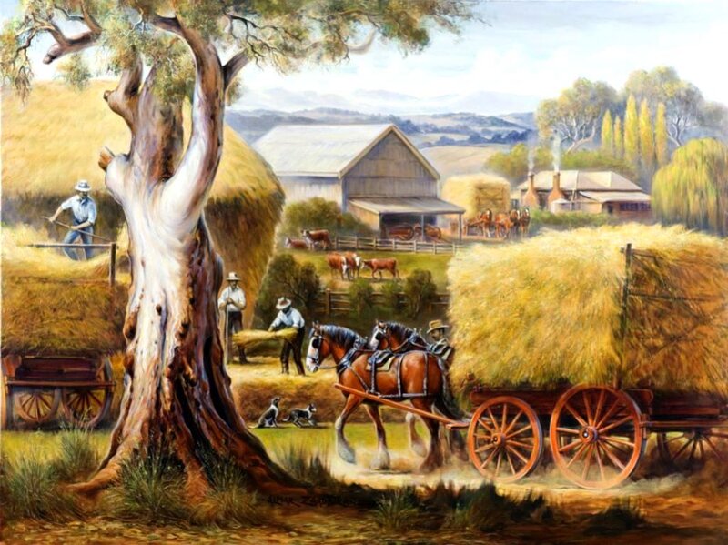 Farmers Harvesting Hay — Yellow, Rural