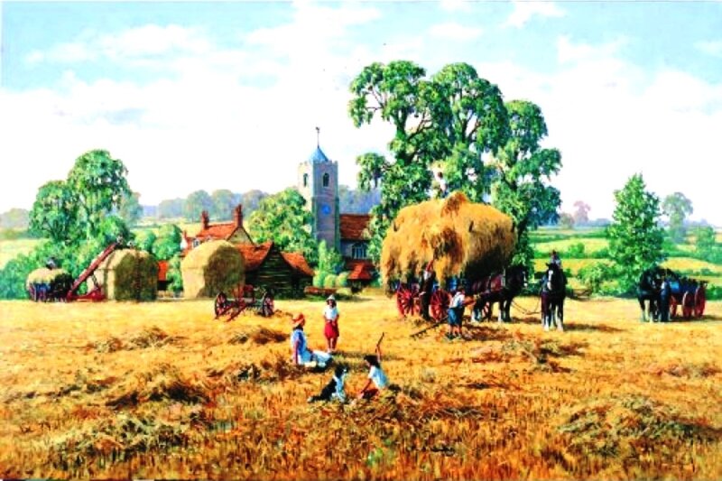 Farmers Harvesting Hay — Yellow, Serene