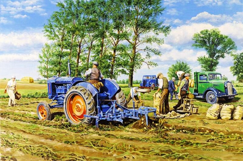 Farmers Harvesting Potatoes — Blue
