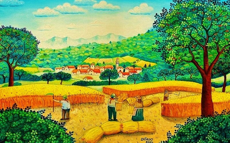 Farmers Harvesting Wheat — Green