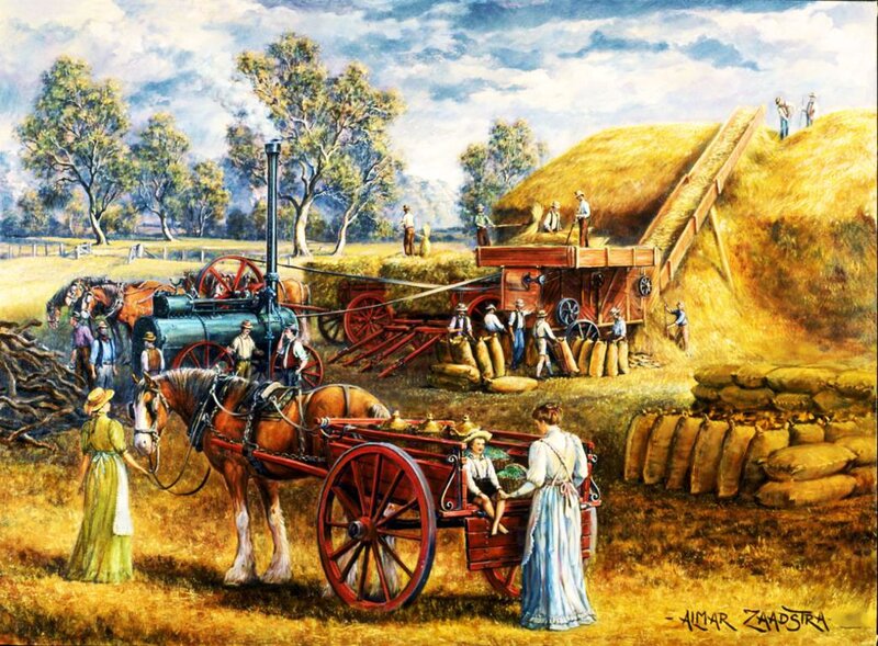 Farmers Harvesting Wheat — Yellow, Dramatic