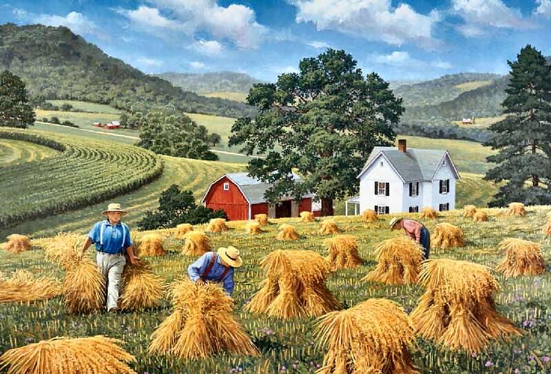 Farmers Harvesting Wheat — Yellow, Serene