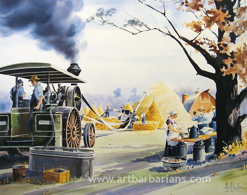 Farmers harvesting with steam tractor