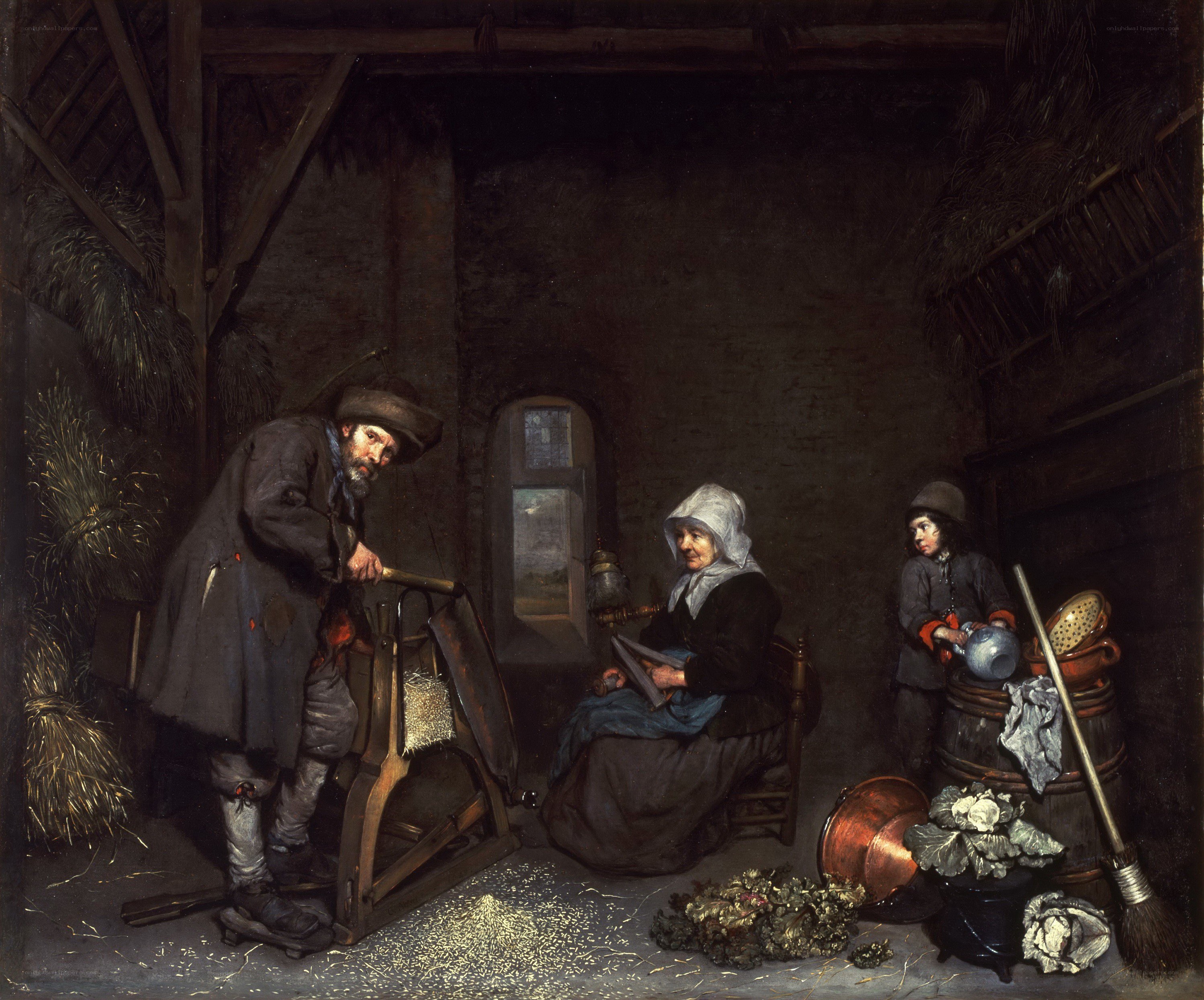 Farmers in a barn