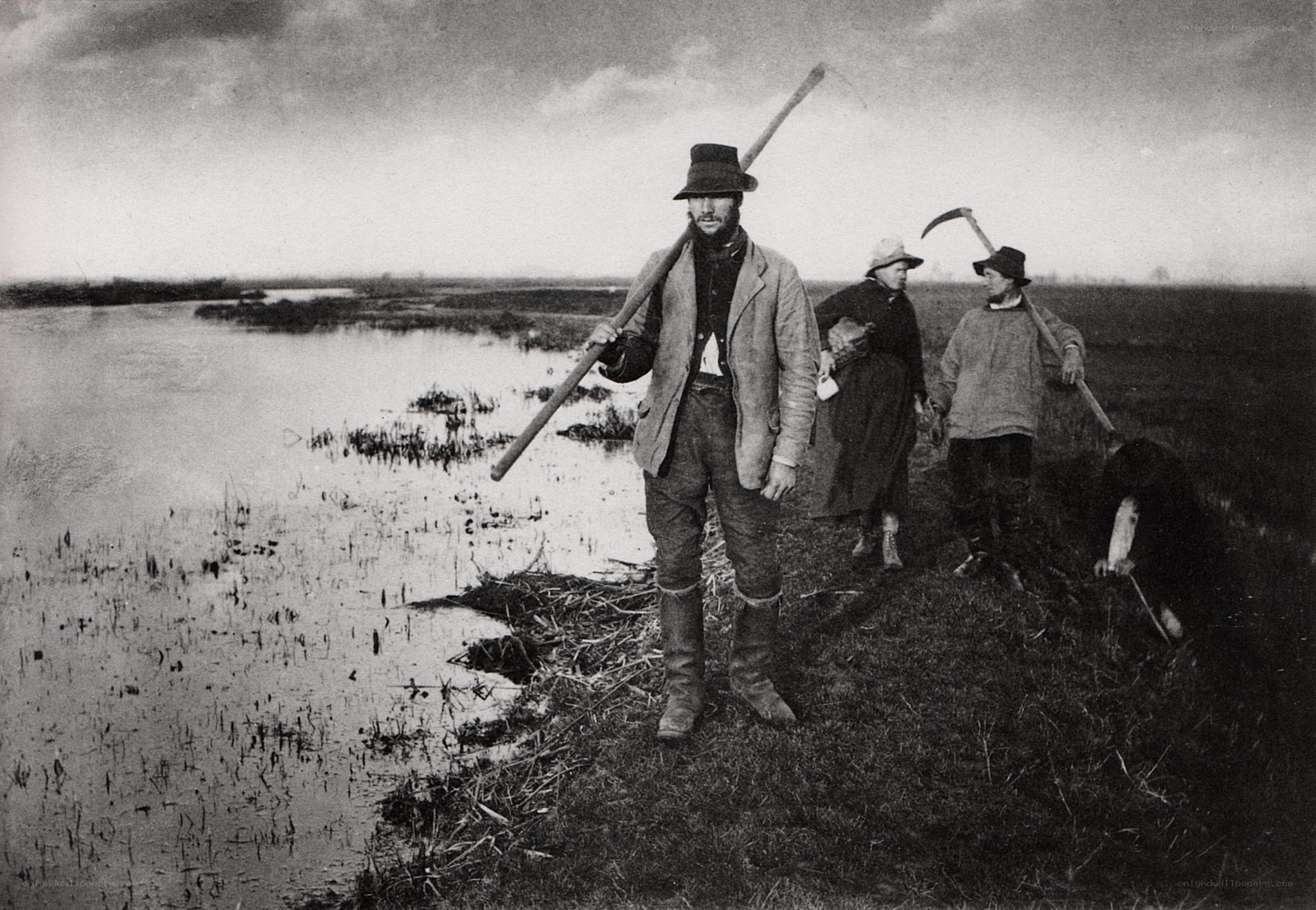 Farmers in a flooded field