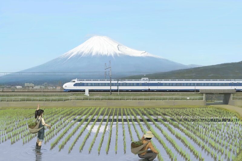 Farmers in rice paddy with Mount Fuji