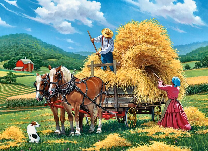Farmers Loading Hay — Green