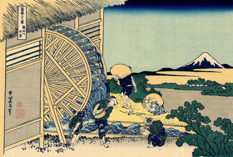 Farmers near a waterwheel