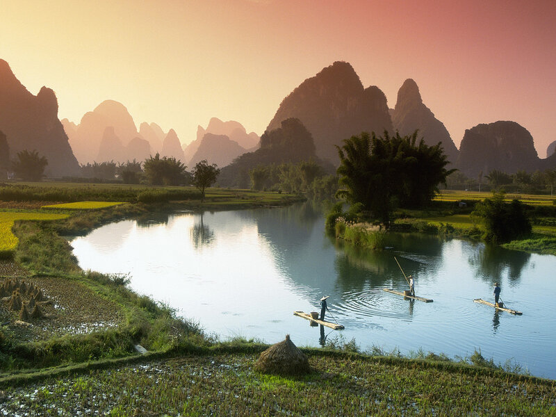 Farmers on Bamboo Rafts — Blue