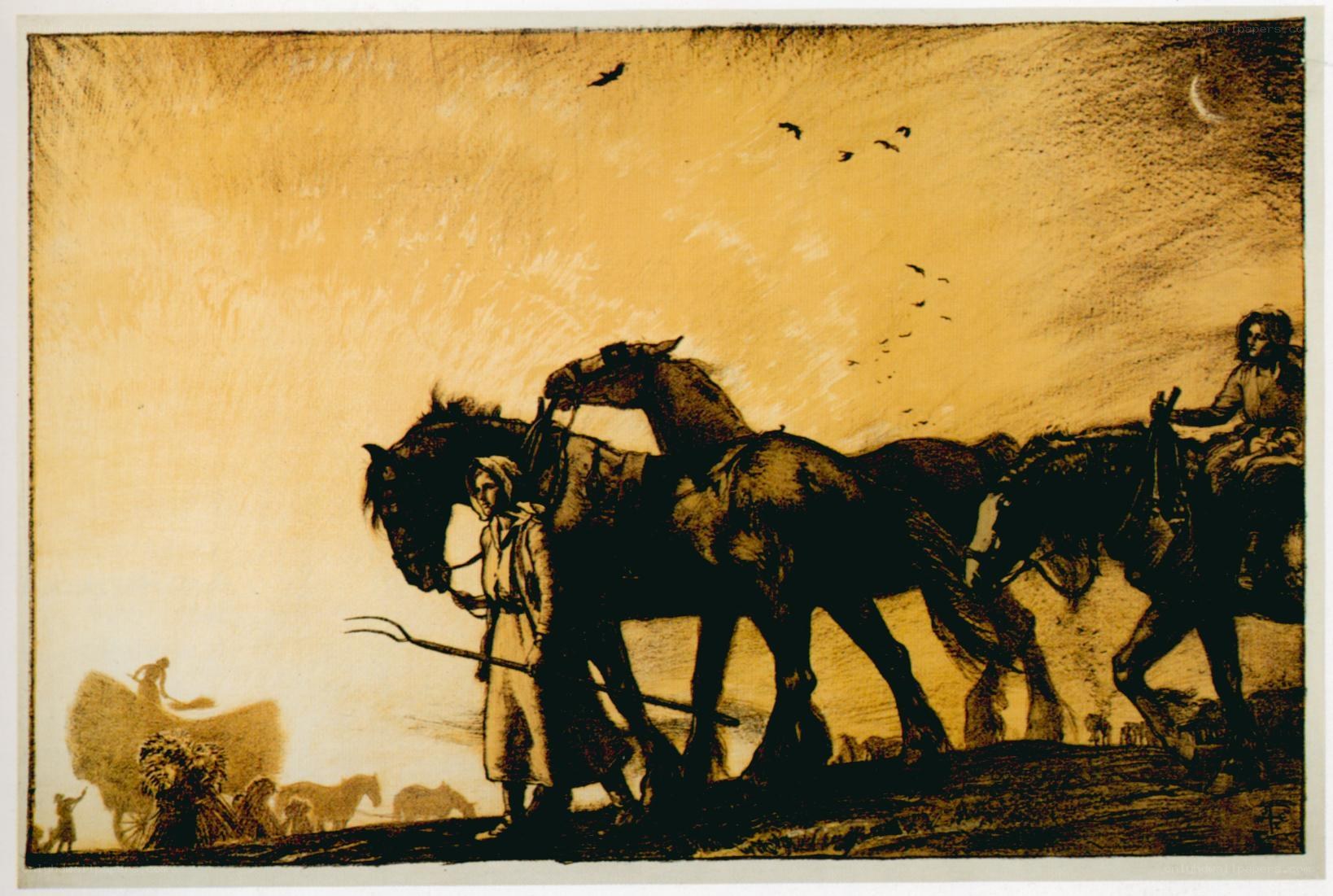 Farmers plowing at dusk